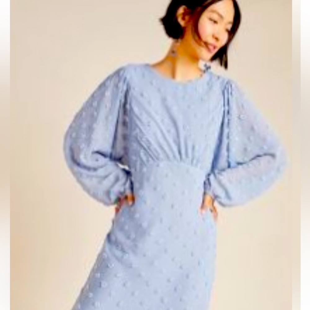 Anthropologie Light Blue Puff-Sleeve Textured Midi Dress